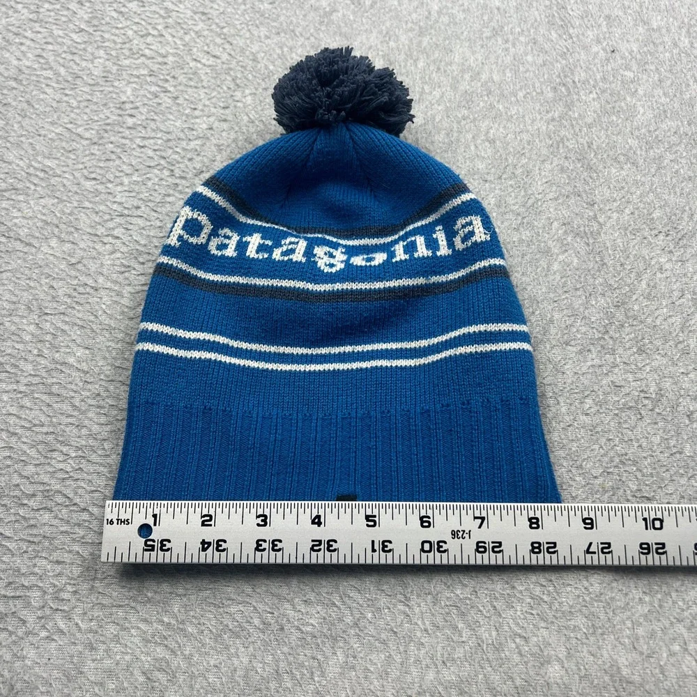 Patagonia Powder Town Beanie Kids OS Blue Striped Pom Pom Logo Knit Hat 66061